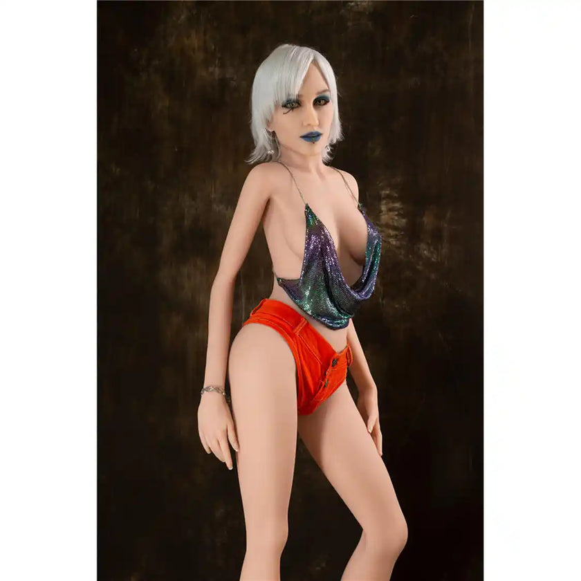 5ft 5in 165cm tall full size, slim ultra life like white female TPE Sex doll with C cup breasts, with varying wigs, blue lipstick and yellow eyes.  By OR Doll.