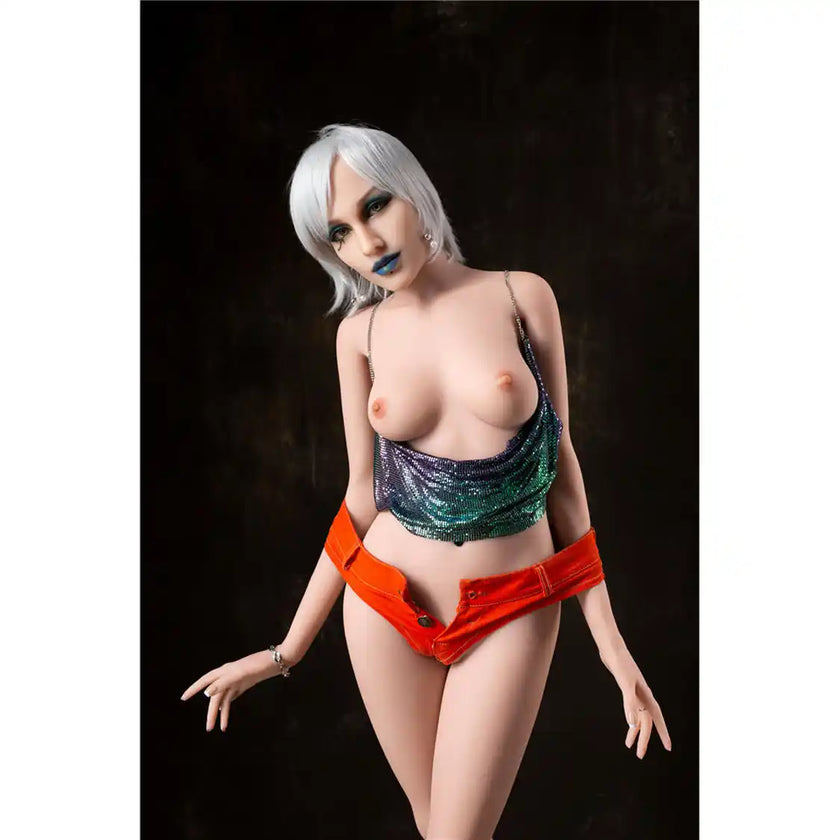 5ft 5in 165cm tall full size, slim ultra life like white female TPE Sex doll with C cup breasts, with varying wigs, blue lipstick and yellow eyes.  By OR Doll.