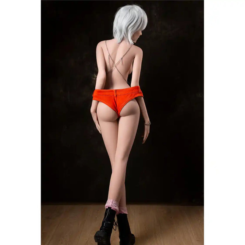 5ft 5in 165cm tall full size, slim ultra life like white female TPE Sex doll with C cup breasts, with varying wigs, blue lipstick and yellow eyes.  By OR Doll.