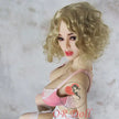 5ft 1in 156cm tall slim ultra life like TPE Sex doll with G cup breasts, mid length wavy blonde hair, bright red lipstick and brown eyes in lingerie.  By OR Doll.