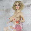 5ft 1in 156cm tall slim ultra life like TPE Sex doll with G cup breasts, mid length wavy blonde hair, bright red lipstick and brown eyes in lingerie.  By OR Doll.