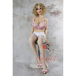 5ft 1in 156cm tall slim ultra life like TPE Sex doll with G cup breasts, mid length wavy blonde hair, bright red lipstick and brown eyes in lingerie.  By OR Doll.