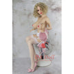 5ft 1in 156cm tall slim ultra life like TPE Sex doll with G cup breasts, mid length wavy blonde hair, bright red lipstick and brown eyes in lingerie.  By OR Doll.