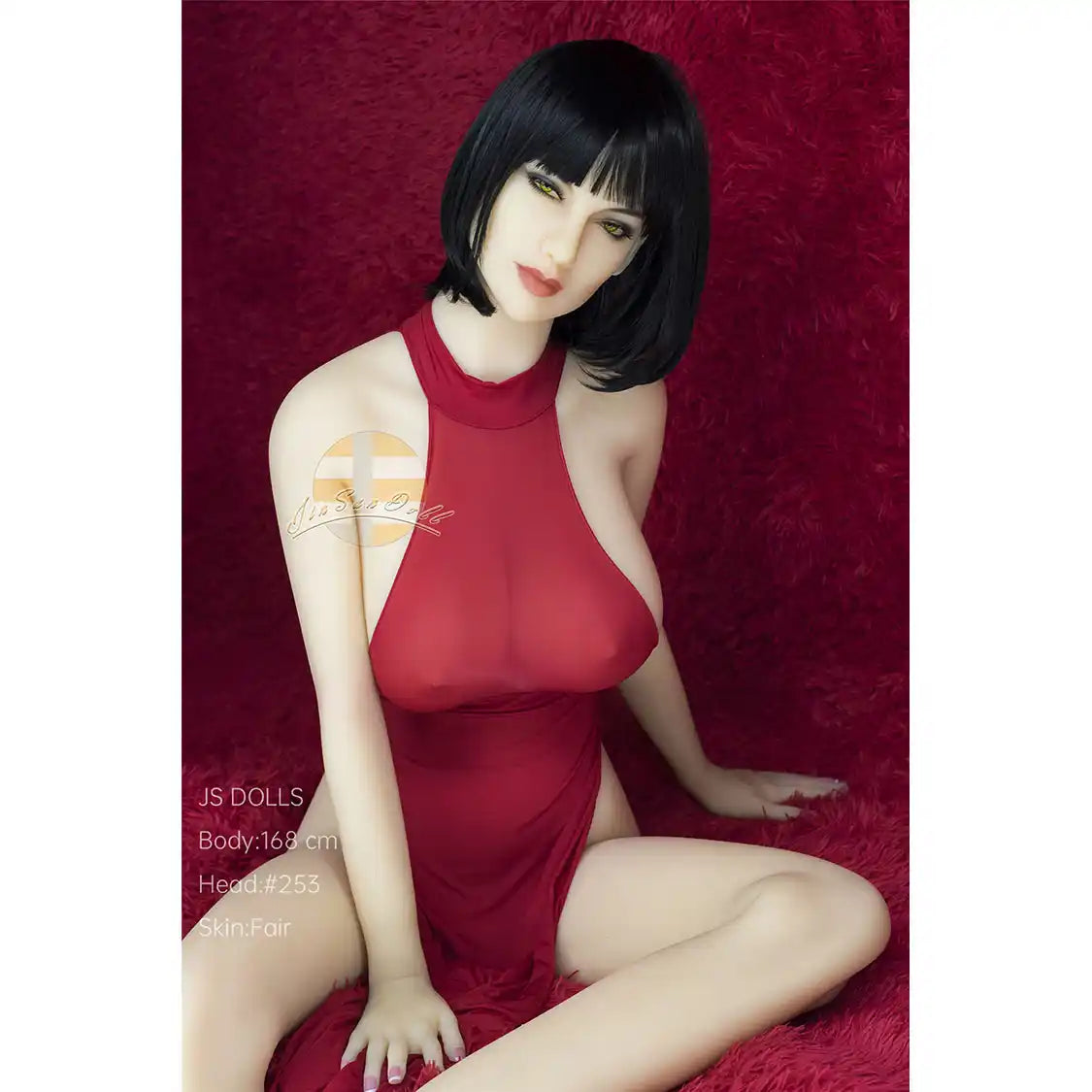 Elegant full size Caucasian MILF TPE sex doll, 5ft 6in 168cm tall with large E cup breasts and medium length black hair.  By JS Doll.