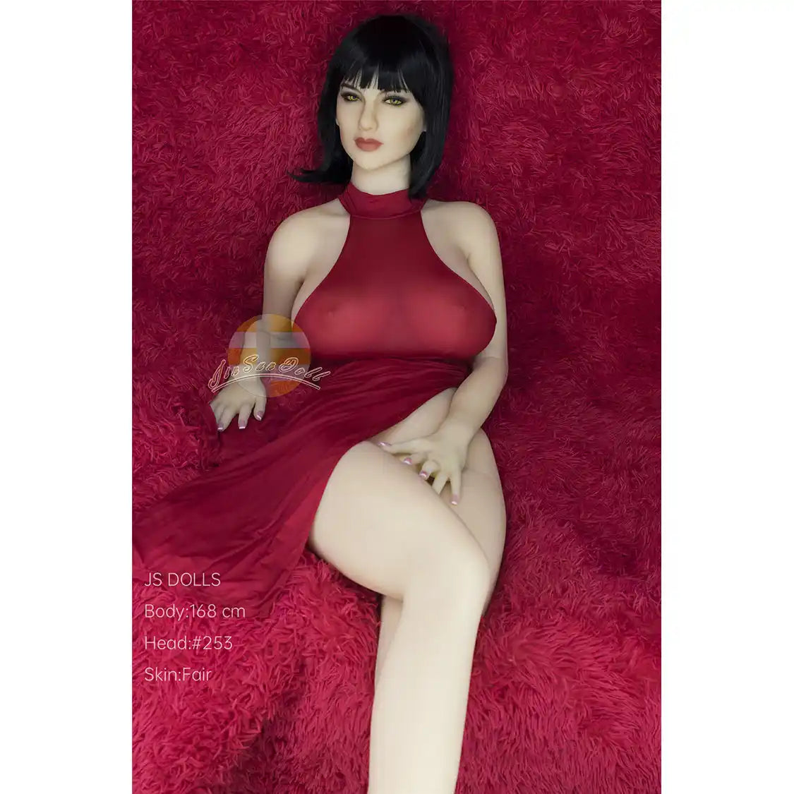 Elegant full size Caucasian MILF TPE sex doll, 5ft 6in 168cm tall with large E cup breasts and medium length black hair.  By JS Doll.