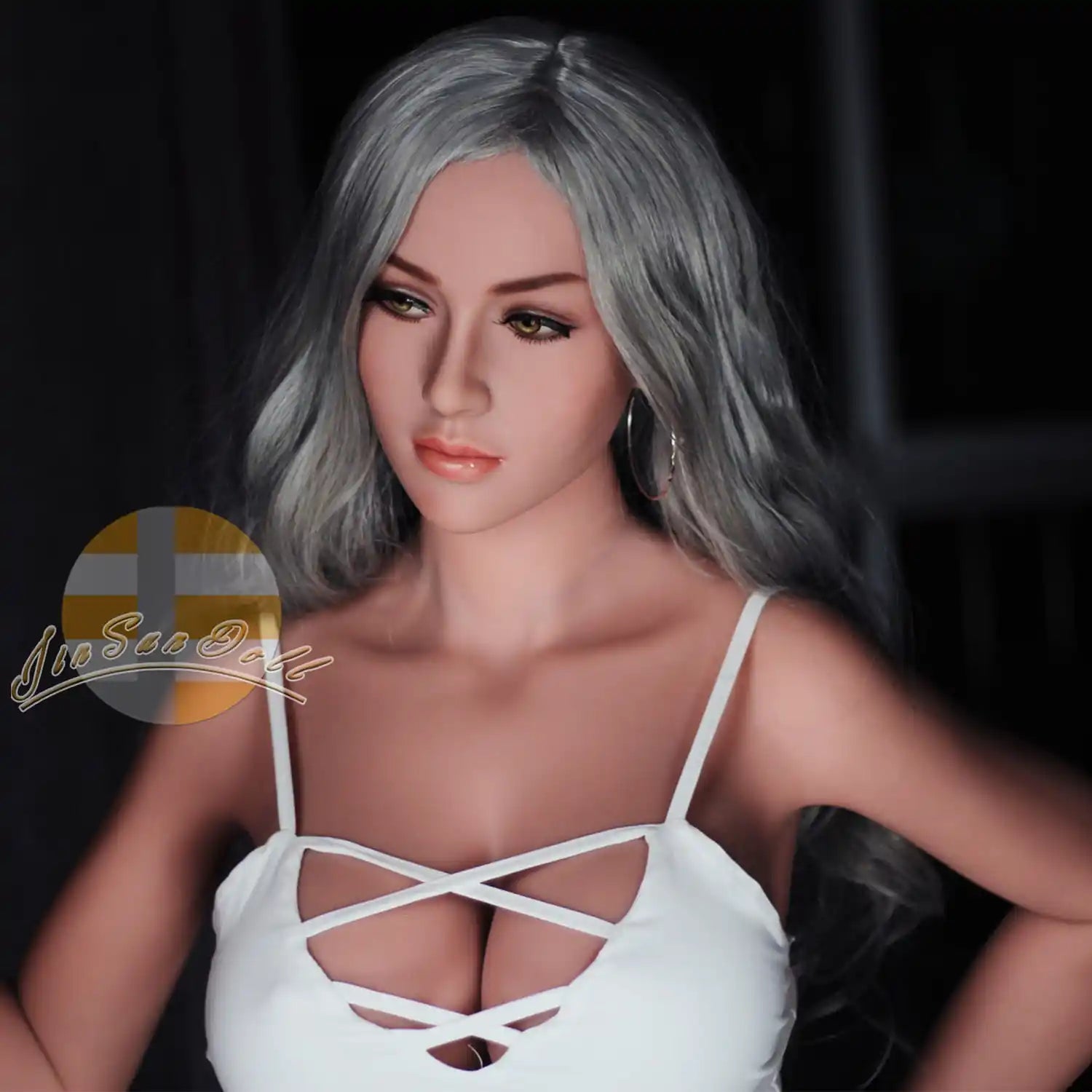 Hot life size Caucasian 5ft 6in 168cm tall TPE sex doll with large E cup breasts and Long silver hair.  By JS Doll. 