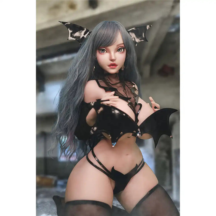 Anime style mini TPE sex doll with realistic silicone head in cosplay with very large breasts and ass.  Made by JY Doll.