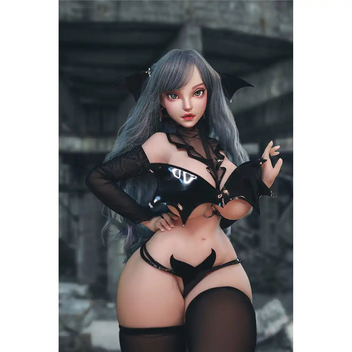 Anime style mini TPE sex doll with realistic silicone head in cosplay with very large breasts and ass.  Made by JY Doll.