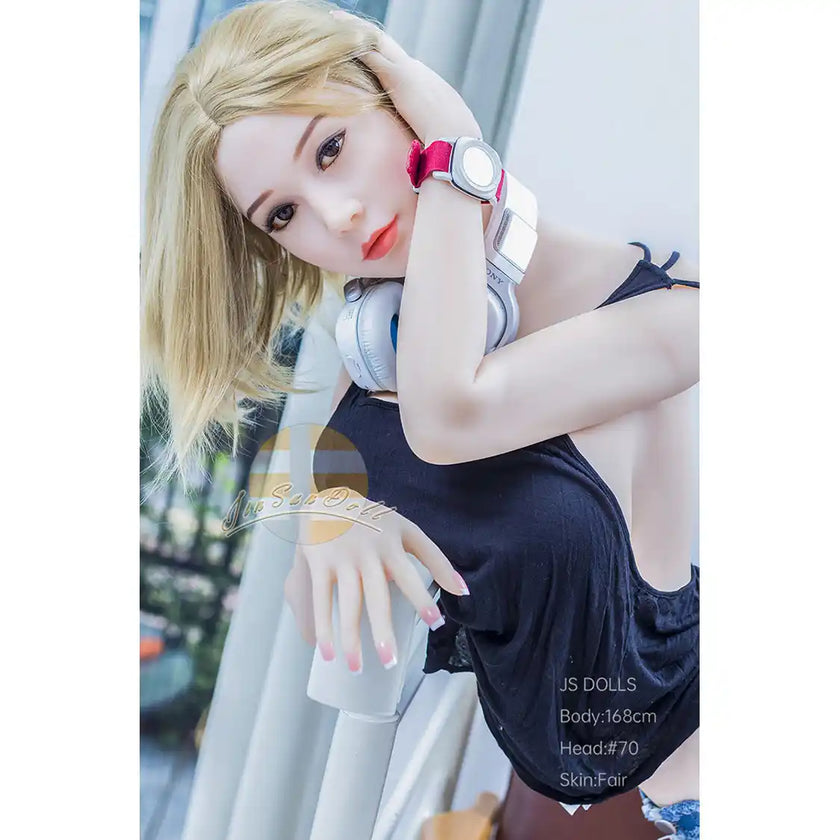 Hot full size Asian female 5ft 6in 168cm tall TPE sex doll with large E cup breasts and (medium length blonde hair).  By JS Doll.