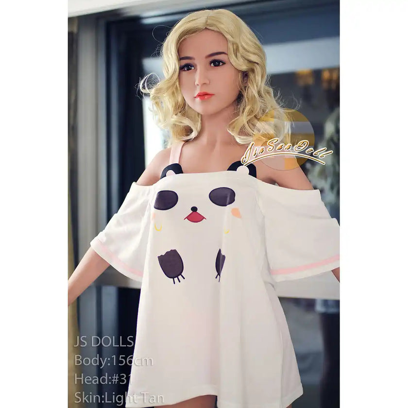 Hot full size 5ft 1in 156cm tall TPE sex doll with C cup breasts and long blonde wavy hair. By JS Doll. 