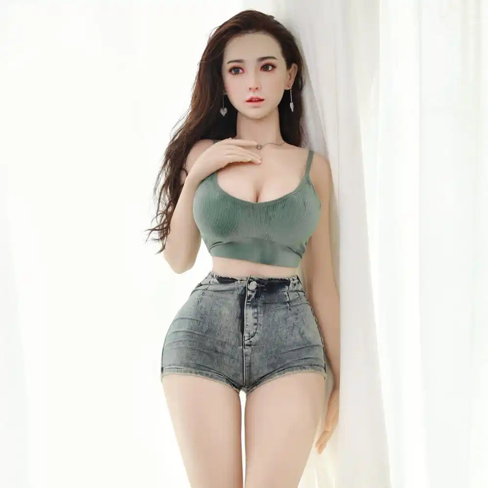 Full size 5ft 1in 157cm tall, Asian female TPE sex doll with realistic silicone head and implanted hair with large breasts.  By JY Doll.