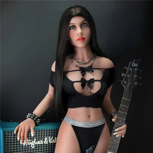 5ft 1in 156cm tall slim ultra life like TPE Sex doll with C cup breasts, long black hair and blue eyes in heavy metal outfit.  By OR Doll.