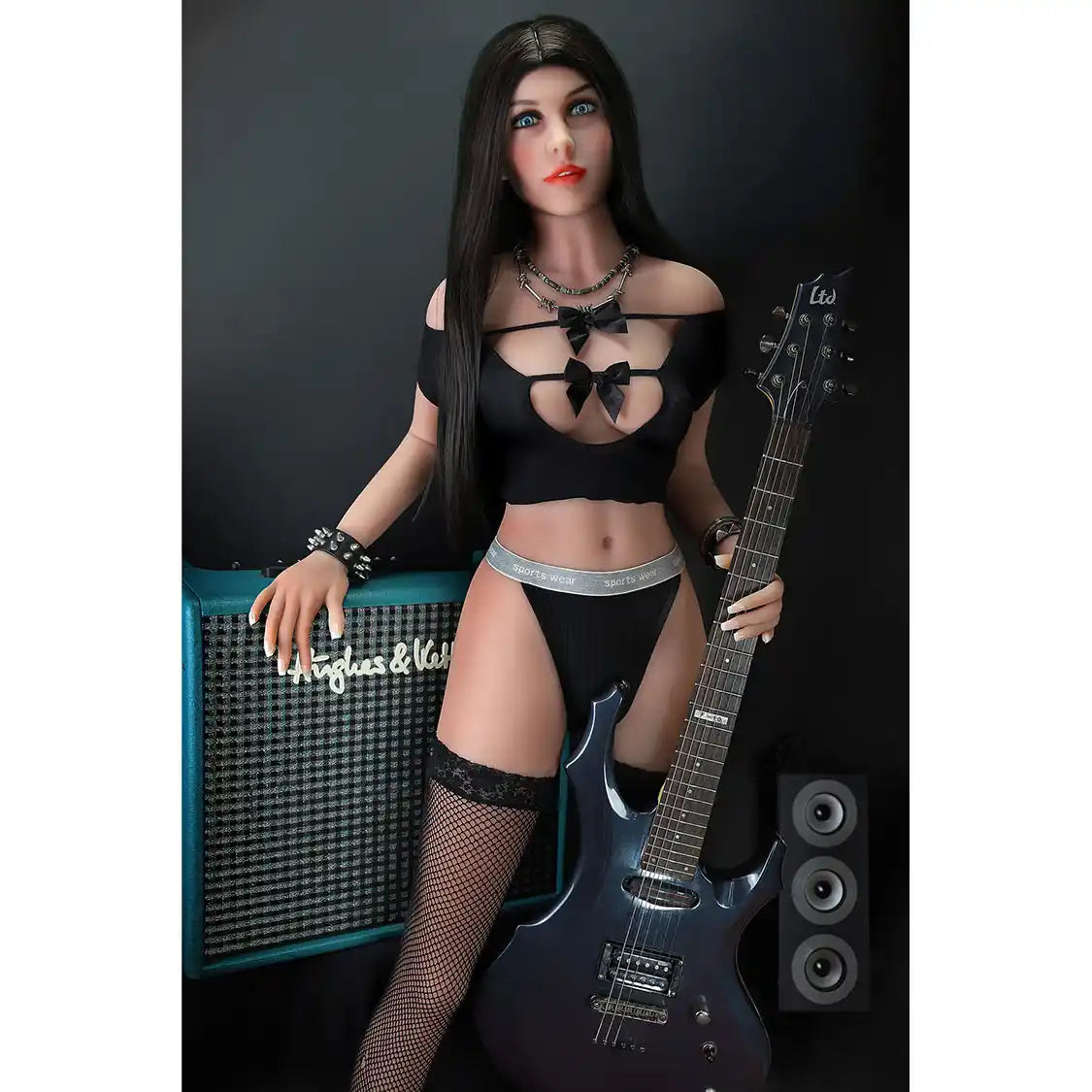 5ft 1in 156cm tall slim ultra life like TPE Sex doll with C cup breasts, long black hair and blue eyes in heavy metal outfit.  By OR Doll.