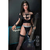 5ft 1in 156cm tall slim ultra life like TPE Sex doll with C cup breasts, long black hair and blue eyes in heavy metal outfit.  By OR Doll.