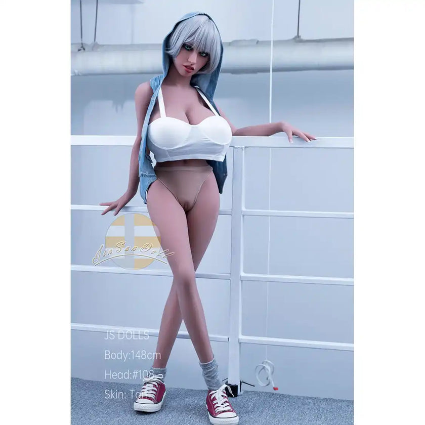 E-girl styled 4ft 10in 148cm tall TPE sex doll with large L cup breasts and silver hair. By jS Doll.