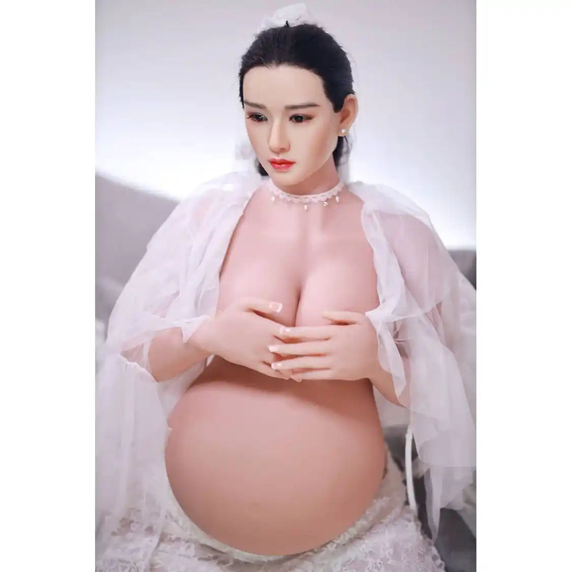 Full size 5ft 3in 157cm tall pregnant Asian, TPE sex doll with realistic silicone head and implanted hair with large breasts.  BY JY Doll.