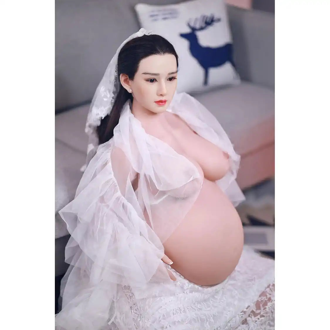 Full size 5ft 3in 157cm tall pregnant Asian, TPE sex doll with realistic silicone head and implanted hair with large breasts.  BY JY Doll.