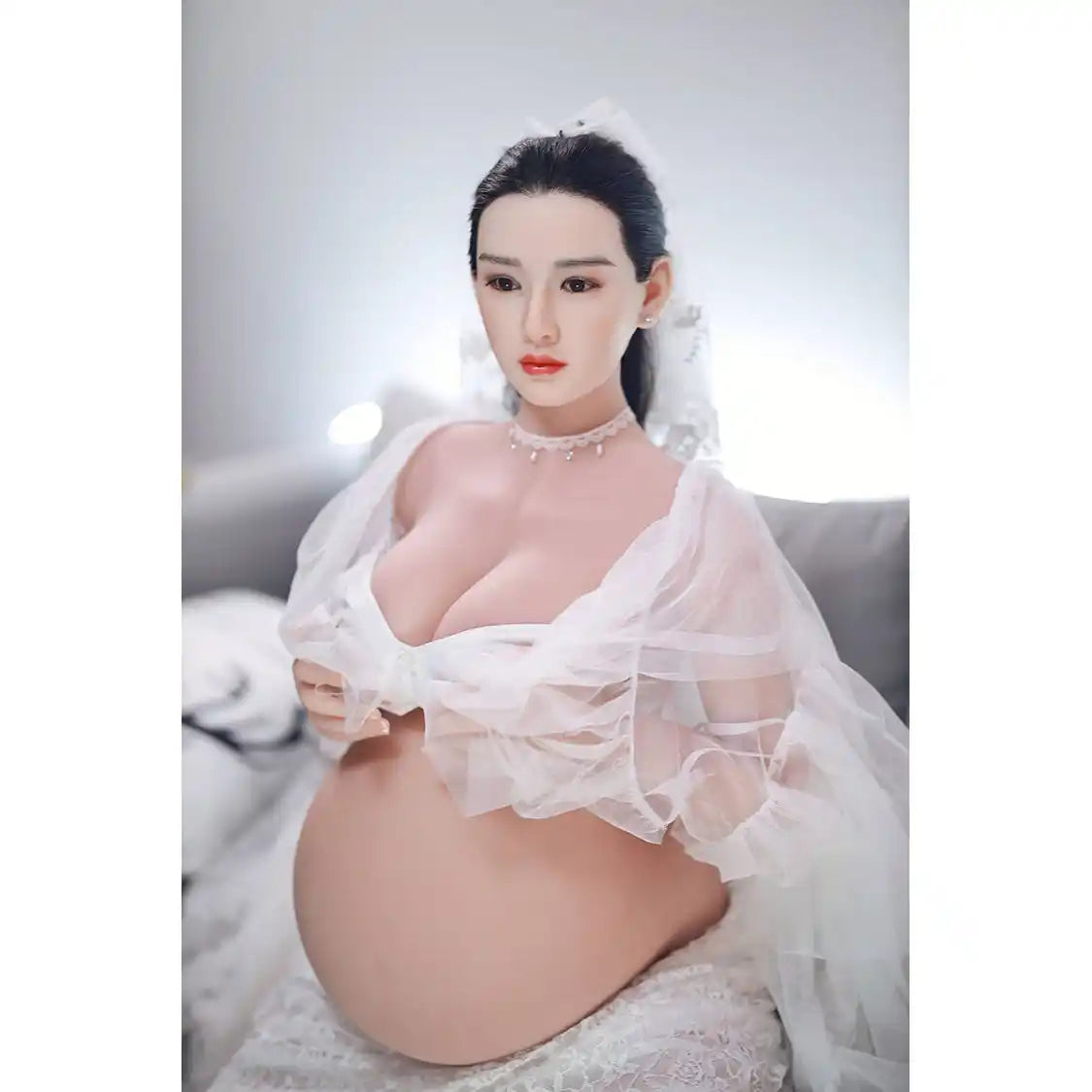 Full size 5ft 3in 157cm tall pregnant Asian, TPE sex doll with realistic silicone head and implanted hair with large breasts.  BY JY Doll.